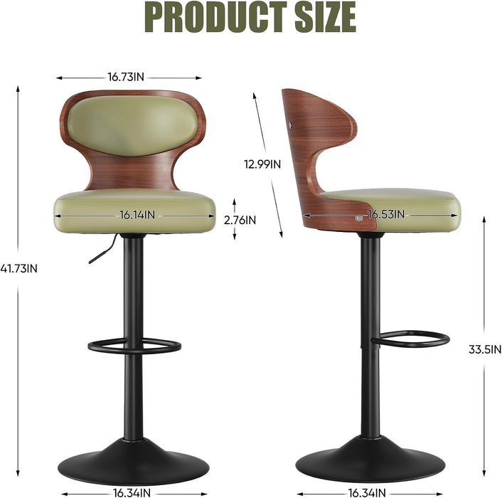Swivel Bar Stools Set of 4,Adjustable Height Bentwood Barstools | Easy-Clean Faux Leather Upholstered Seat, Back & Footrest, Mid-Century Modern Bar Chair for Kitchen Island, Counter, Green