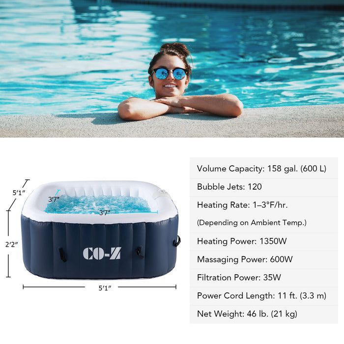 CO-Z Portable Square 120Air Jet Inflatable Hot Tub Spa 4 Person W Cover and Pump