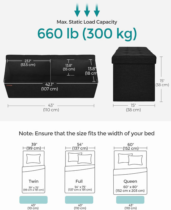 MAZIE Collection - 43 Inches Folding Storage Ottoman Bench, Ottoman Foot Rest, End of Bed Bench, Storage Chest, Load 660 Lb, for Living Room, Bedroom, Entryway, Ink Black ULSF077B01