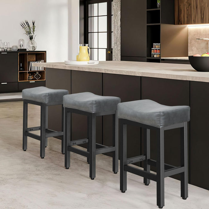 Counter Height Bar Stools Set of 2, 24 Inch Barstools for Kitchen Island Counter, Bonded Leather Kitchen Stools with Thick Saddle Seats & Heavy Duty Metal Base, Easy Assembly, Gray/White
