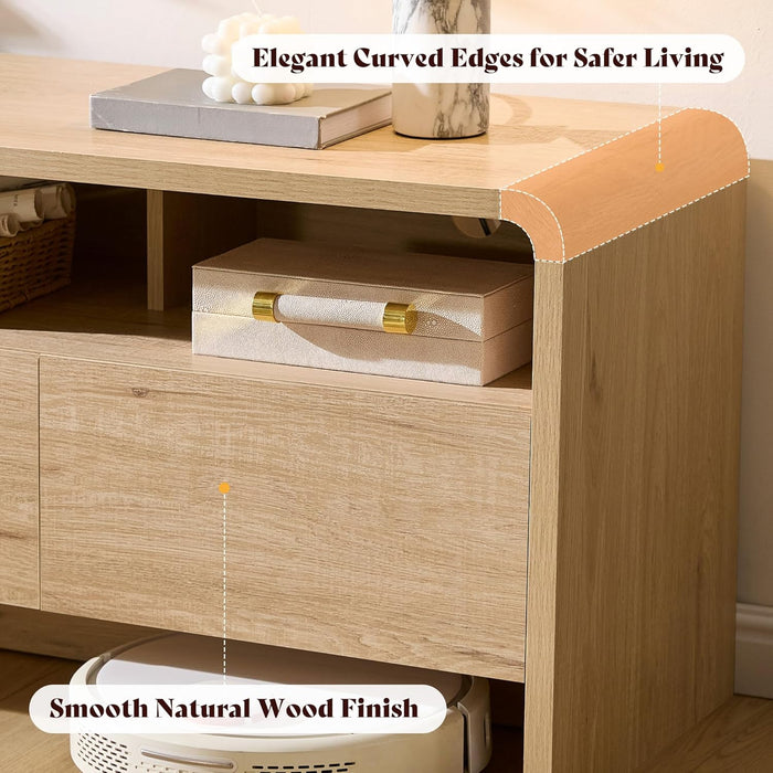 70" Modern TV Stand for Tvs up to 80", Wood TV Console with Curved Profile Design & 2 Storage Cabinets, Media Console Entertainment Center for Living Room, Natural Oak