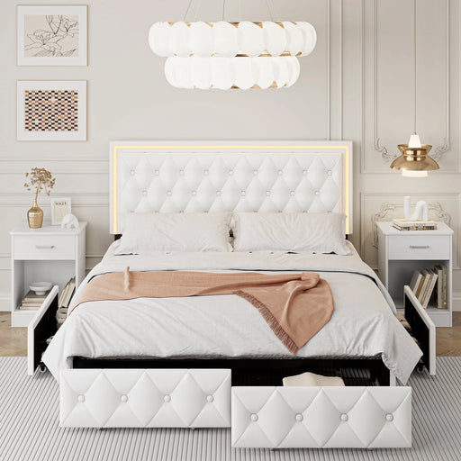 Queen LED Bed with 4 Drawers, LED Lights Platform Storage Bed Frame with Upholstered Adjustable Button Tufted Headboard, PU White