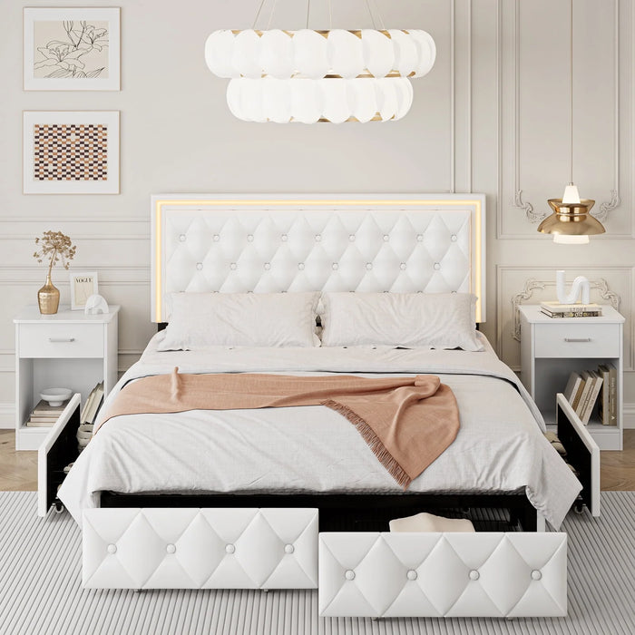 Queen LED Bed with 4 Drawers, LED Lights Platform Storage Bed Frame with Upholstered Adjustable Button Tufted Headboard, PU White