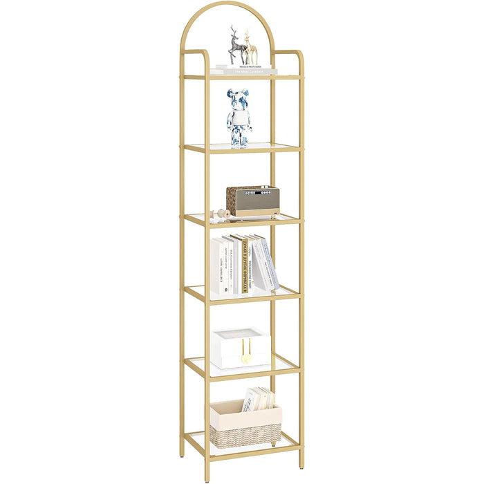 Bookcase Bookshelf, Tempered Glass Bookshelves, Slim Shelving Unit for Bedroom, Bathroom, Home Office, Steel Frame, 6 Tier Gold BC10601G