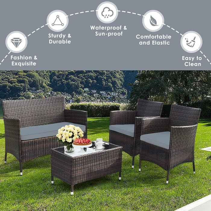 4-Piece Rattan Patio Set, Outdoor/Indoor Wicker Conversation Set for Pool, Backyard, Lawn, Wicker Chairs and Sofa with Soft Cushion, Rattan Furniture with Tempered Glass Coffee Table