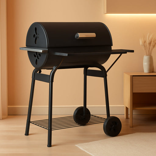 30" Portable Barrel Charcoal BBQ Grill, Steel Outdoor Barbecue Smoker with 370 Square Inches Cooking Space, Storage Shelf, Wheels for Garden Camping Picnic, Black