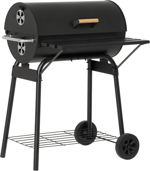 30" Portable Barrel Charcoal BBQ Grill, Steel Outdoor Barbecue Smoker with 370 Square Inches Cooking Space, Storage Shelf, Wheels for Garden Camping Picnic, Black
