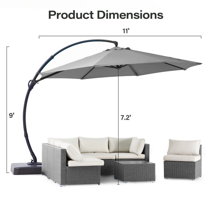 11FT Deluxe Patio Umbrella with Base, Outdoor Large Hanging Cantilever Curvy Umbrella with 360° Rotation, Gray