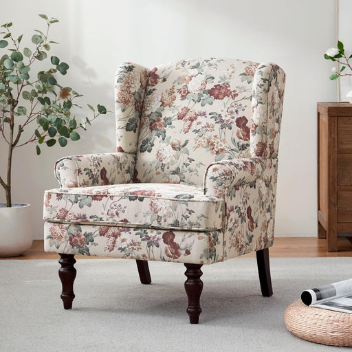 Red Floral Wingback Accent Chair Linen Upholstered