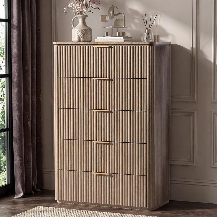 46"W Fluted 5 Drawer Bedroom Dresser, with Faux Marble Top,Natural Oak
