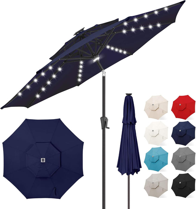 Solar Patio Umbrella with Centre Light, 9FT 2 Tiers, Navy Blue