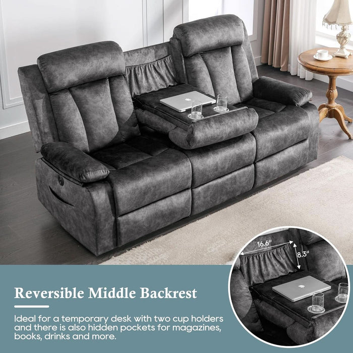 Power Reclining Sofa, 3-Seater Reclining Couch with Massage & Heat, Drop-Down Table, USB & Type-C Charging Ports, Cup Holders, Dutch Velvet, RV & Living Room Reclining Seating