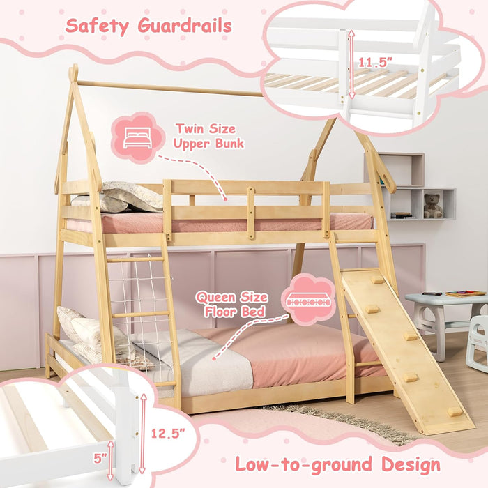 TwoTier Overhead Queen SolidWood Bunk Bed ClimbingNets