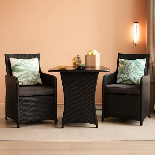 3 Pieces Patio Dining Set, Space-Saving PE Rattan Bistro Set with Tempered Glass Top Table and Cushioned Chairs, Outdoor Conversation Set for Garden Backyard Poolside Porch (Gray)