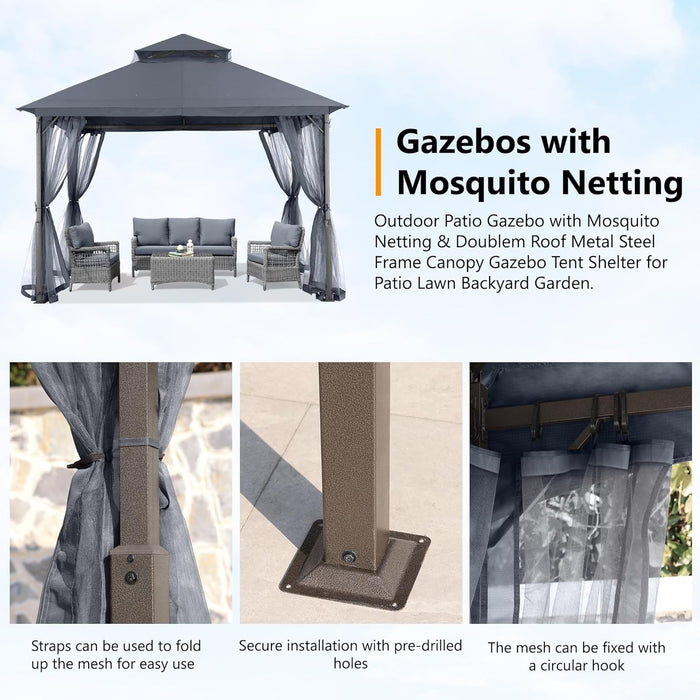 Outdoor Patio Gazebo 11X11 - Double Roof Canopy with Mosquito Netting for Backyard, Deck, Garden, Lawn, Dark Gray