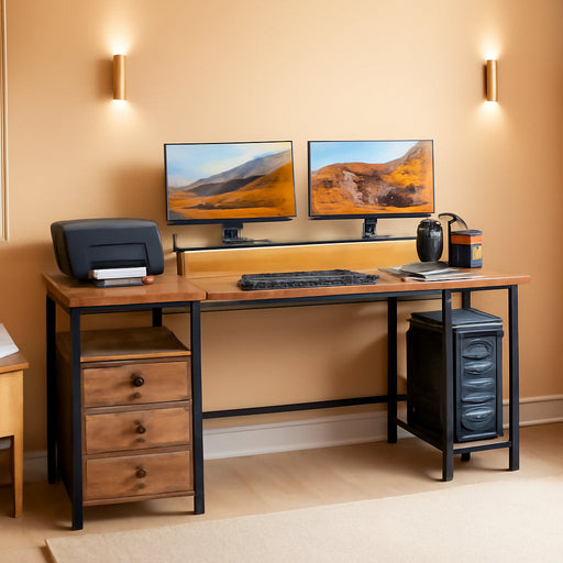 Computer Desk with 4 Drawers, 60" Office Long Desk with Fabric File Cabinet and Power Outlets, Gaming Desk with LED Lights, Study Writing Work Desk for Home Office, Rustic Brown