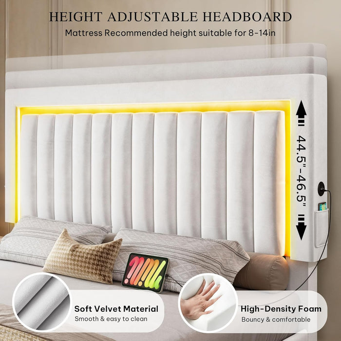 King Size Bed Frame with Adjustable Headboard, 4 Storage Drawers and RGB LED Lights, Velvet Upholstered Platform Bed with USB Ports, No Box Spring Needed, Fast Assembly, Noise-Free, White