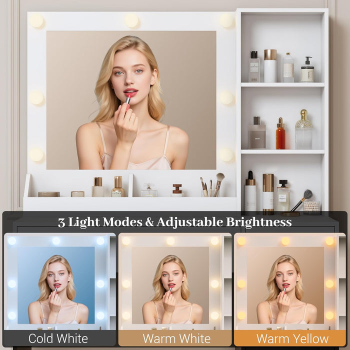 Makeup Vanity with Mirror and Lights, 34''W Dressing Table with Charging Station & RGB Glass Cabinet, Small Vanity Desk with 3 Color Lighting Modes & Adjustable Brightness