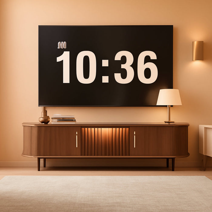 Fully-Assembled Mid Century Modern Black TV Stand with White Matte Travertine Stone Tabletop & LED Lights, Rolling Door Media Console, Wood TV Console for Living Room