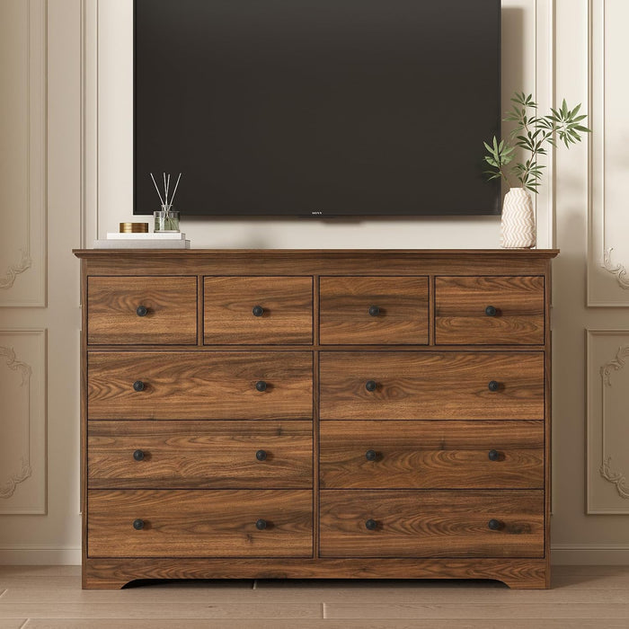 Modern 10 Drawer Dresser, 55.1" Wide Dressers & Chests of Drawers with Large Capacity Storage, Wood Mid Century Storage Dressers Organizer for Bedroom, Entryway, Brown