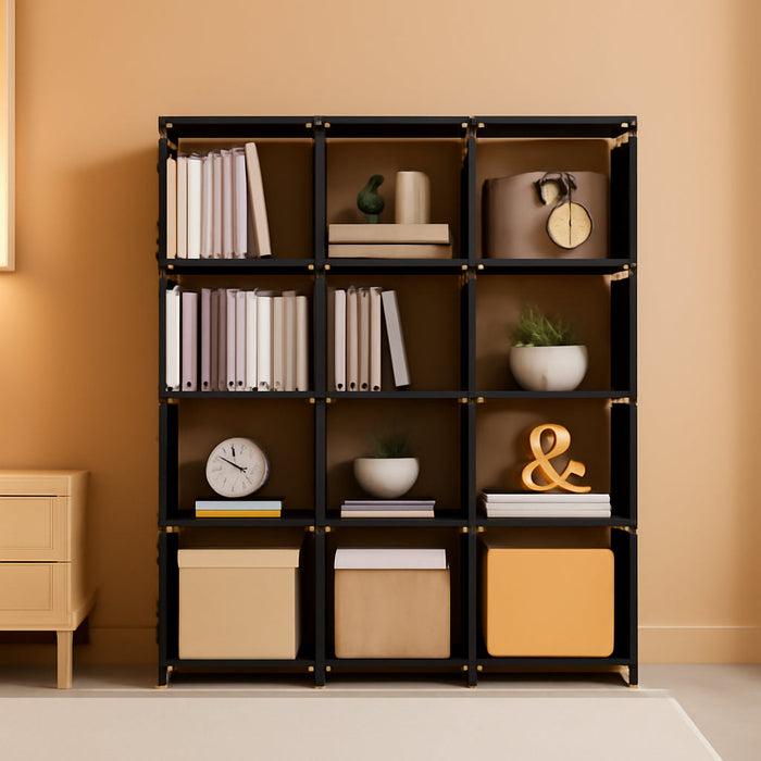 Book Shelf, 12 Cube Storage Organizer, DIY Bookcase, Metal Bookshelf,Tall Book Case for Bedroom, Living Room,Office,Closet, Black Cubicle Rack