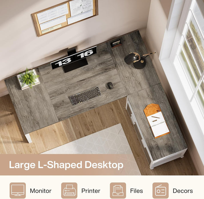 L-Shaped Desk with Drawers, 63" Executive Office Desk with Mobile File Cabinet and Storage Shelves, Home Office Business Furniture Set (Gray, White)