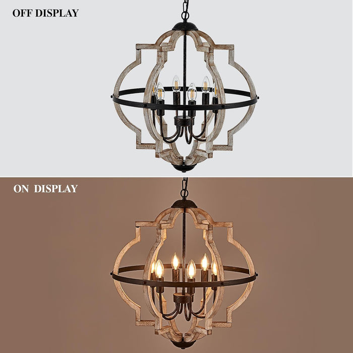 6-Light Farmhouse Chandelier for Dining Room Wood Pendant Lighting