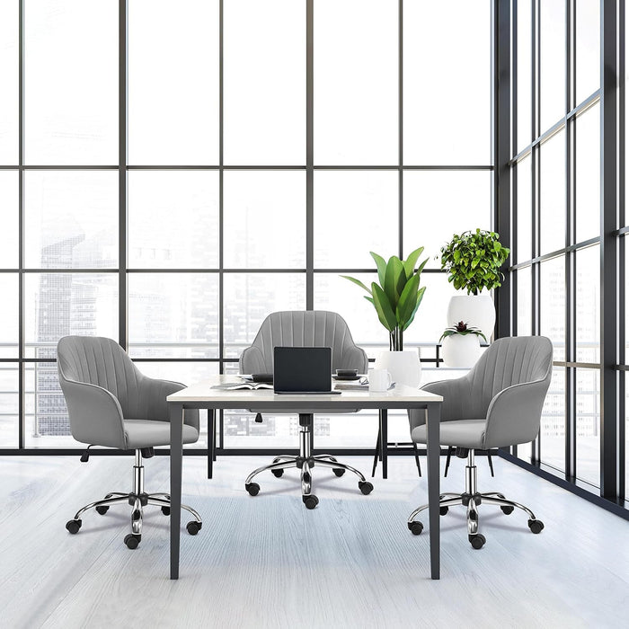 Modern Velvet Desk Chair Vanity Chair Height-Adjustable Swivel Computer Chair for Makeup Room Living Room Bedroom Soft Upholstered Office Chair Light Gray