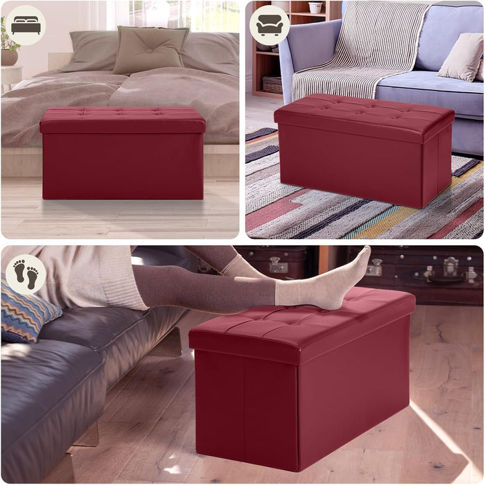 Ottoman Bench with Storage 30X15X15 Inches White Ottoman for Room Folding Leather Footrest Footstool Rectangle Collapsible Furniture with Lid for Bedroom Living Room Burgundy