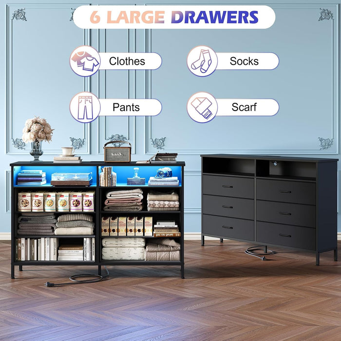 Black Dresser for Bedroom LED 6 Drawer Dresser Fabric Vertical Storagetower