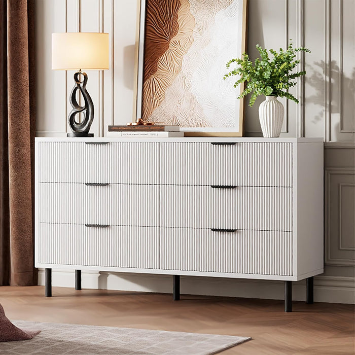White Fluted 6 Drawer Dresser, Wide Wood Double Dresser with Metal Legs and Handles, Modern Chest of Drawers with Anti-Tipping Design for Bedroom Living Room, Hallway