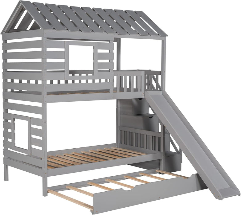 Twin over Twin House Bunk Bed, Wooden Bed Frame with Trundle and Slide, Storage Staircase, Roof and Window Design, Gray