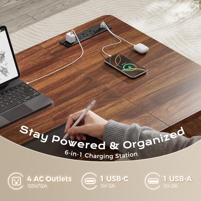 55'' Farmhouse L Shaped Standing Desk with Outlets and Drawers