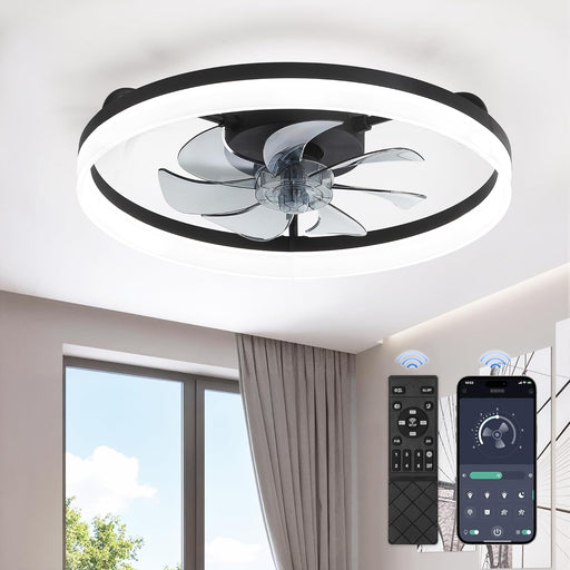 Ceiling Fans with Lights, 20 Inch Low Profile Flush Mount Ceiling Fan, Dimmable LED, APP & Remote Control, Quiet Reversible DC Motor, 6 Speeds, Fandelier for Bedroom, Black