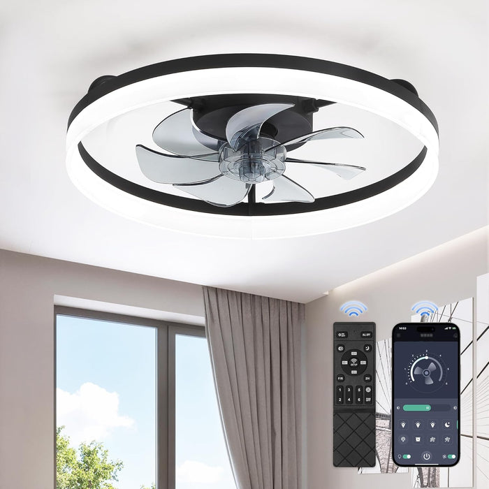Ceiling Fans with Lights, 20 Inch Low Profile Flush Mount Ceiling Fan, Dimmable LED, APP & Remote Control, Quiet Reversible DC Motor, 6 Speeds, Fandelier for Bedroom, Black