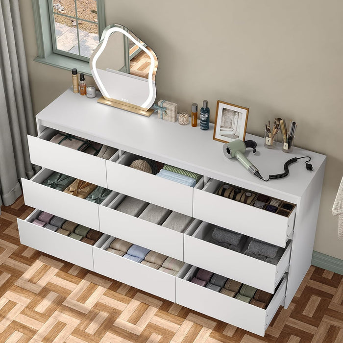 Modern 9 Large Storage Drawers Dresser for Clothes Organizer, White Modern Chest of Drawers for Closet, 60" Long Drawer Organizer Cabinet for Bedroom,Living Room,Entryway,Hallway