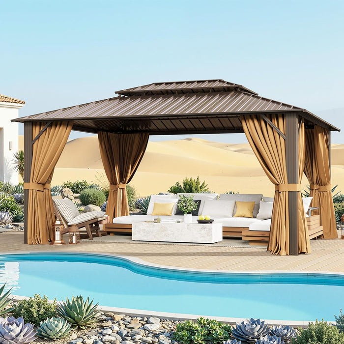 12X16Ft Hardtop Gazebo, Metal Frame with Double Galvanized Steel Roof, Permanent Outdoor Pergola with Curtains and Netting Included for Backyard, Patio, Lawn and Garden, Brown
