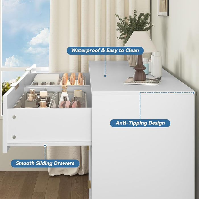 White Dresser for Bedroom with 6 Drawers, 47" Wide Modern Chest of Drawers, Wooden Dresser TV Stand,Storage Organizer for Living Room,Hallway