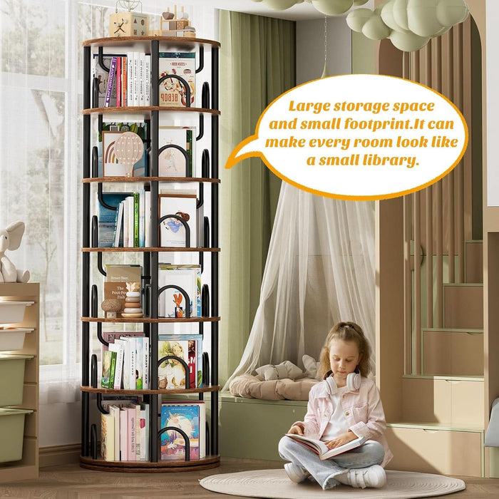 6 Tier Rotating Bookshelf Tower, Revolving Bookcase, 360° round Spinning Book Shelf, Narrow Swivel Bookshelves Vertical Turning Corner Bookshelf Organizer for Small Space, Rustic Brown