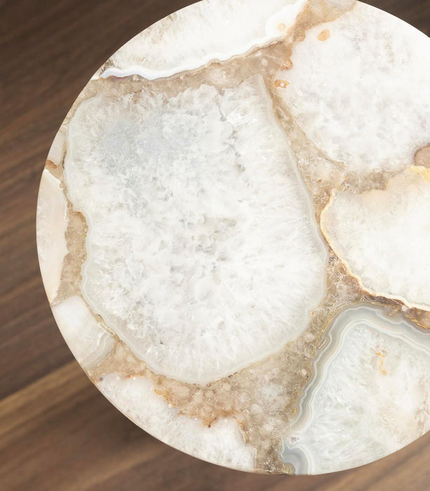 Sitara Mid-Century Modern Drink Table; 8 X 8 X 23; Natural Quartz and Brass; Unique round Stone Mini Table for Use as Bathroom Accent Table or Pedestal Martini Table