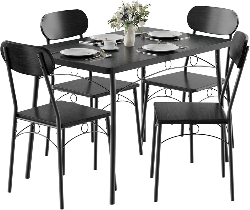 Dining Table Set for 4, 5-Piece Kitchen Table with 4 Chairs, MDF Board Tabletop with Metal Frame for Small Space, Compact Dinette, Breakfast Nook, Black