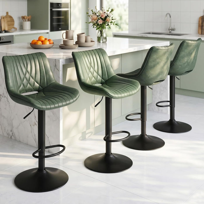 Swivel Bar Stools Set of 2, Height Adjustable Counter Height Bar Stools with Open Back and Footrest, Premium Faux PU Leather, Modern Upholstered Bar Chairs for Kitchen Island/Bar/Counter, Green