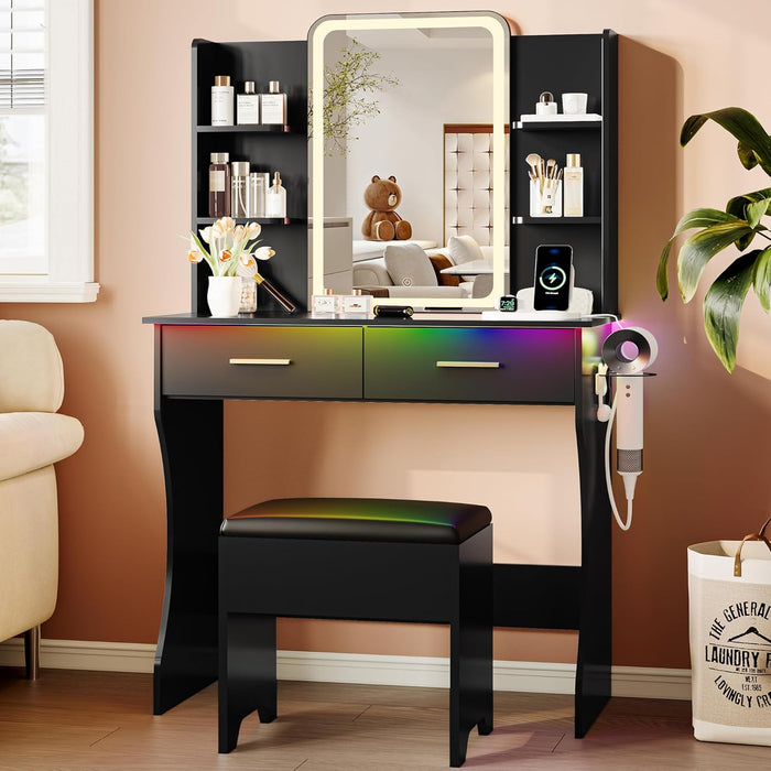 Vanity Desk with LED Lights Mirror & Power Outlet, Small Makeup Vanity Table Set with Storage Drawers & Chair, 3 Lighting Modes & Adjustable Brightness, Dressing Table for Women Girls Bedroom, Black