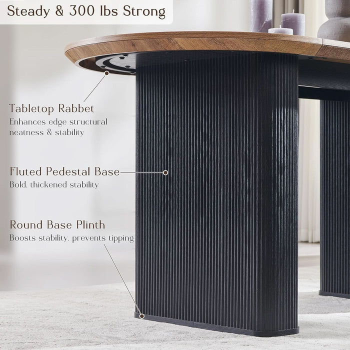 63 Inch Fluted Oval Dining Table for 4-6 People (Brown with Black)