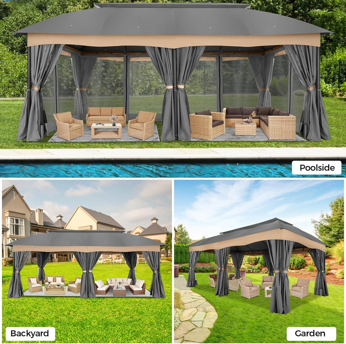 Gazebo 12X20 Heavy Duty Gazebo with Curtain and Nettings Outdoor Gazebo Double Roof Patio Gazebo with Metal Steel Frame Gazebo Tent for Patio, Deck, Backyard (Grey, Arc Top, Curtain & Netting)