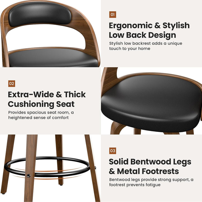 Swivel Bar Stools Set of 2, 26" Counter Height Bentwood Barstool | Mid-Century Modern PU Leather Upholstered Bar Chair with Back and Footrest, for Kitchen Island, Bar, Dining Room, Cafe, Black