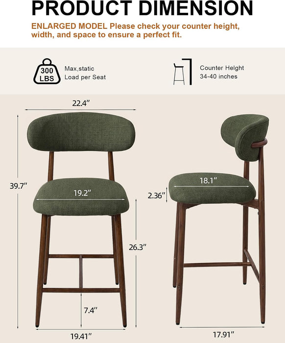 Metal Bar Stools Set of 3, 26″ Counter Height Bar Stools with Backs, Mid Century Modern Upholstered Barstools for Kitchen Island, Dining Room, Green
