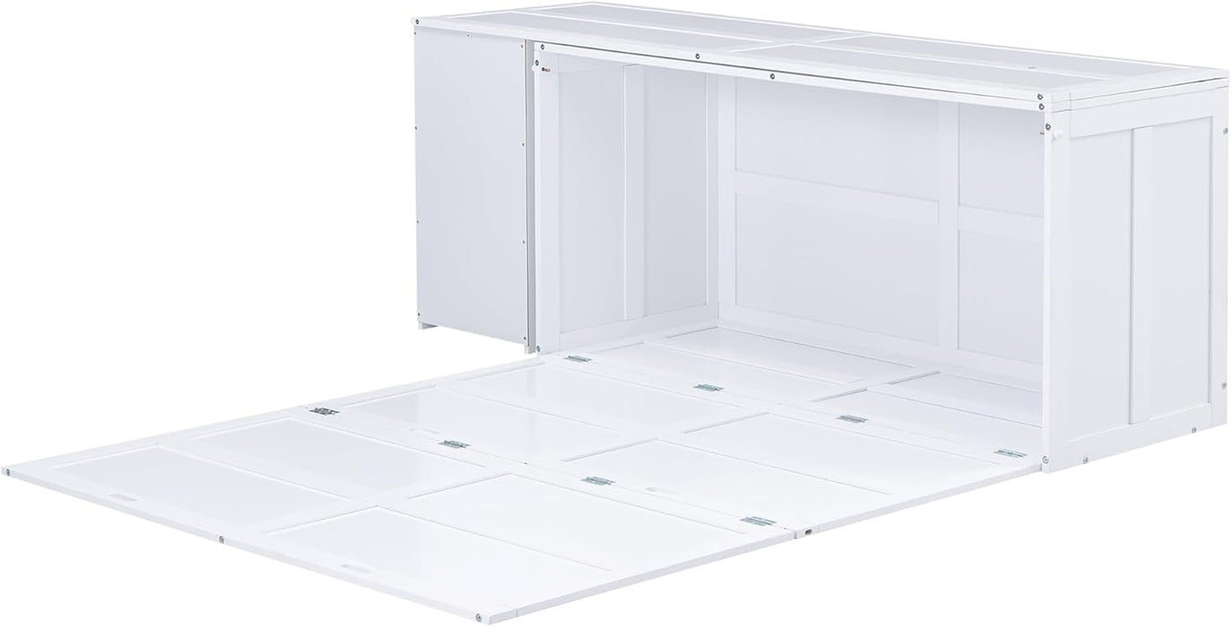 Queen Size Murphy Bed with Rotable Desk, Space-Saving Design Wall Cabinet Bed Frame with Storage Shelves for Bedroom and Guest Room, No Box Spring Required, White