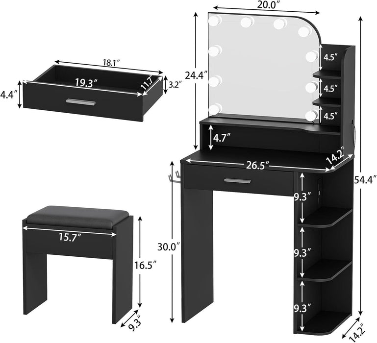 Makeup Vanity with Chair, Small Vanity Desk with Mirror and Lights 3 Colors, Girls Vanity Set with Power Outlet, Compact Vanity Table for Small Space, Black