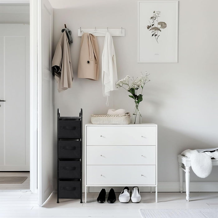 4 Drawer Narrow Dresser Fabric Storage Tower Vertical Slim Storage Chest Organizer Nightstand Side/End Table Small Standing Organizer Removable Drawers Wood Top for Bedroom, Bathroom（Black)